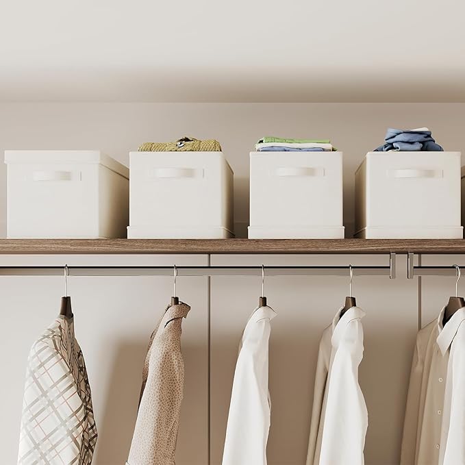 Large Collapsible Fabric Storage Bins with Lids (2-Pack) - 17.5x12x11.5 Inch Cotton Linen Organizers, Foldable Closet & Bedroom Storage Baskets with Handles, Off-White