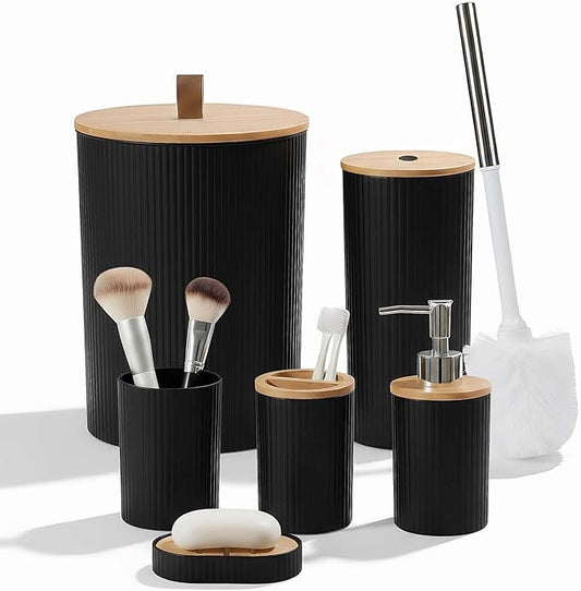 6-Piece Bathroom Set – Includes Toilet Brush,Trash Can & Soap Dispenser,Creating a Tidy and Coordinated Bathroom Space in One Stop，Round-Black