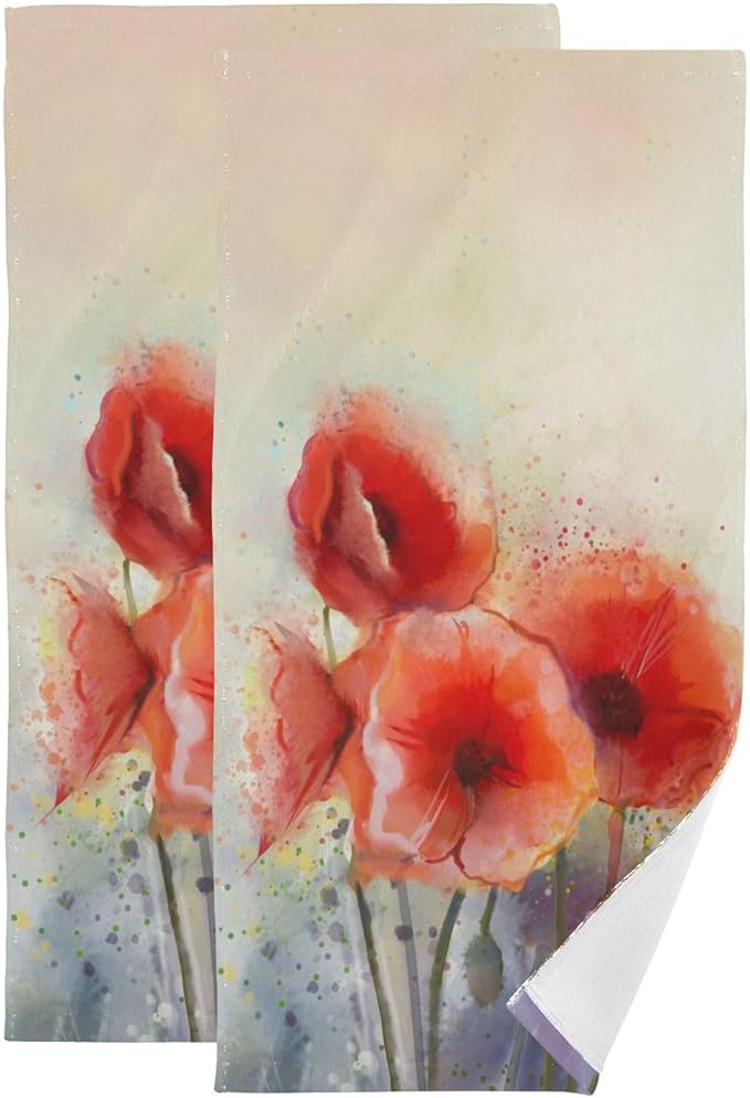 2 Pcs Vintage Flower Red Poppy Hand Towels for Bathroom,Soft Absorbent Retro Watercolor Floral Farmhouse Dish Towels for Kitchen,Quick Dry Decorative Bathroom Towels for Face,Shower 14"x28"