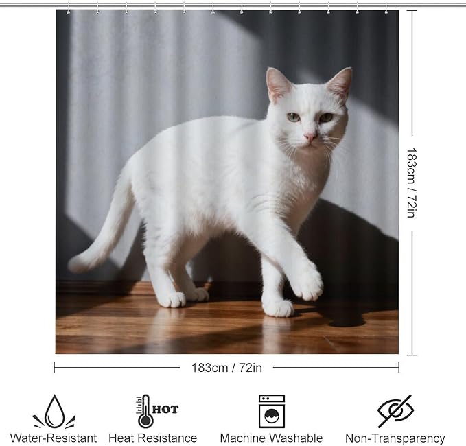 4 Piece Bathroom Rug Set with Shower Curtain, Non-Slip Bath Mat Toilet Cover Set, Close White Cat Bathroom Rug Sets