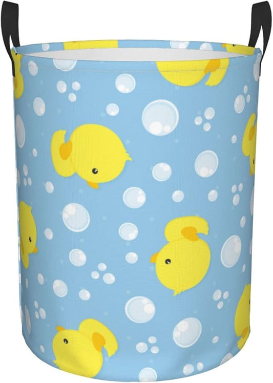 38L Round Laundry Hamper Cute Rubber Ducks Storage Basket Waterproof Coating Organizer Bin For Nursery Clothes Toys