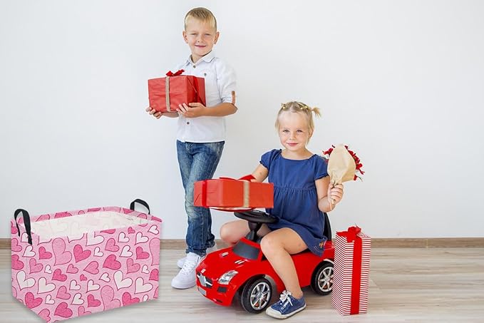 Sanjiaofeng Rectangular Valentine's Day Basket Love Storage Bins,Girls Storage Basket with Handles.Clothers,Books,Kid's Gifts Bins. (Mottled heart)
