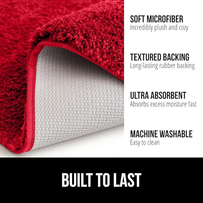 GORILLA GRIP Bathroom Rugs, 42x24, Ultra Soft Absorbent Mat, Thick Plush Bath Rug, Machine Washable, Microfiber Quick Dry, Mats for Shower, Bathtub and Floor, Home Decor Accessories, Red