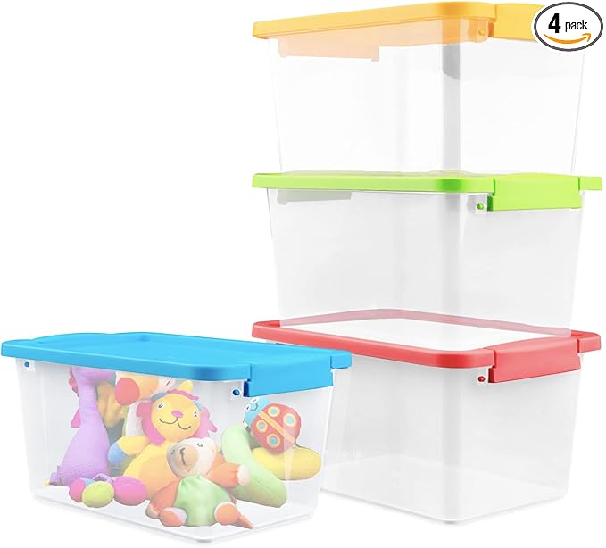 Storage Bins,4 Pack Small Stackable Plastic Cubby Containers with Lids 5 QT Storage Cubbies Plastic Storage Containers for Classroom Book Bin Toy Organizers for Classroom Organizers (Mixed Color)