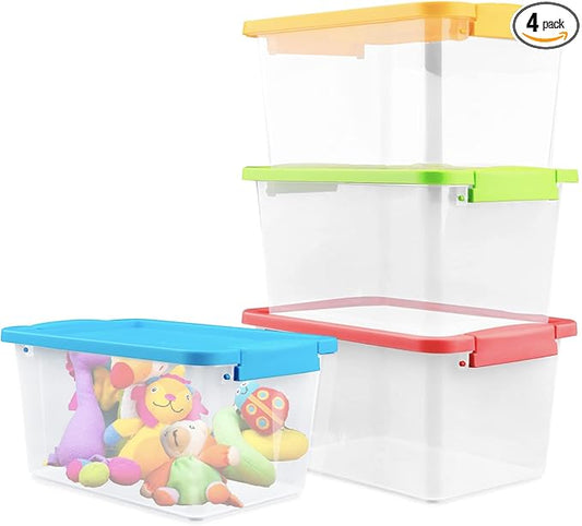 Storage Bins,4 Pack Small Stackable Plastic Cubby Containers with Lids 5 QT Storage Cubbies Plastic Storage Containers for Classroom Book Bin Toy Organizers for Classroom Organizers (Mixed Color)