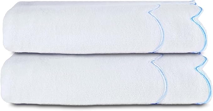 100% Cotton Bath Towels for Bathroom 2 Pcs Scalloped Hand Towels 27 * 54 Inch Embroidered Decorative 600 GSM Soft Absorbent Bath Towel for Spa Yoga Hotel Sport (Blue)