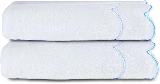 100% Cotton Bath Towels for Bathroom 2 Pcs Scalloped Hand Towels 27 * 54 Inch Embroidered Decorative 600 GSM Soft Absorbent Bath Towel for Spa Yoga Hotel Sport (Blue)