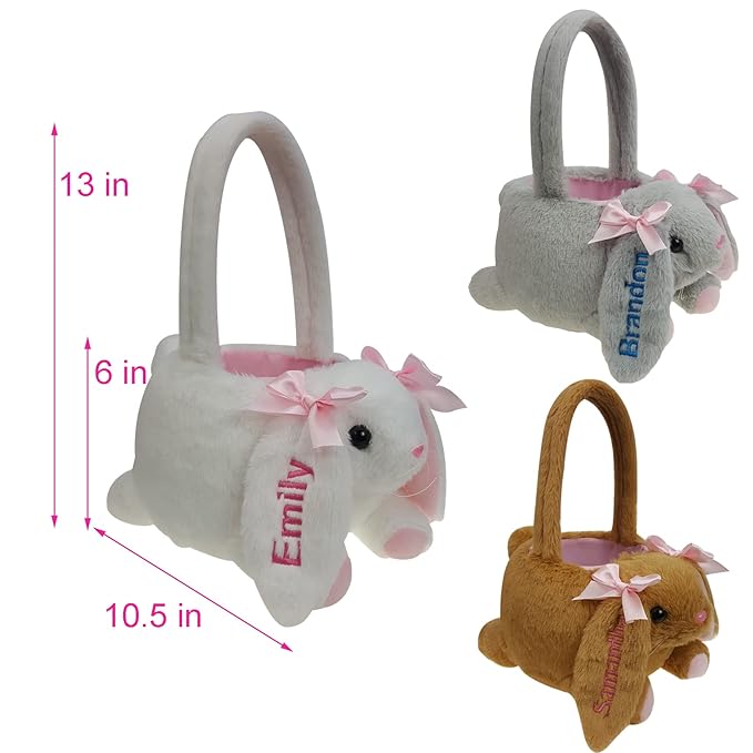 DearSun Exquisite Embroidery ! Personalized Easter Egg Hunting Basket 3D Plush Bunny Basket Candy Gift Bucket with Embroidery Name (White Plush Bunny Basket)