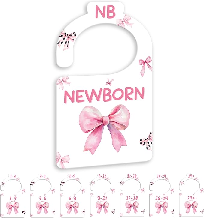 JMOST Pink Bows Baby Closet Dividers for Nursery Closet Organizer, Newborn to 24 Months Size Clothes, Hangers with Size Dividers, Double Sided