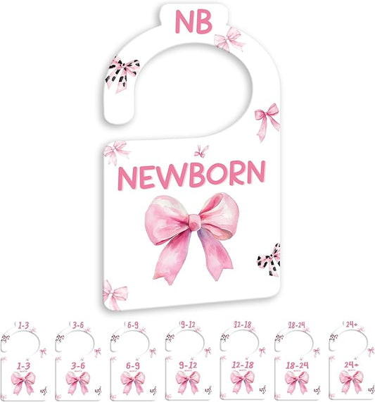 JMOST Pink Bows Baby Closet Dividers for Nursery Closet Organizer, Newborn to 24 Months Size Clothes, Hangers with Size Dividers, Double Sided