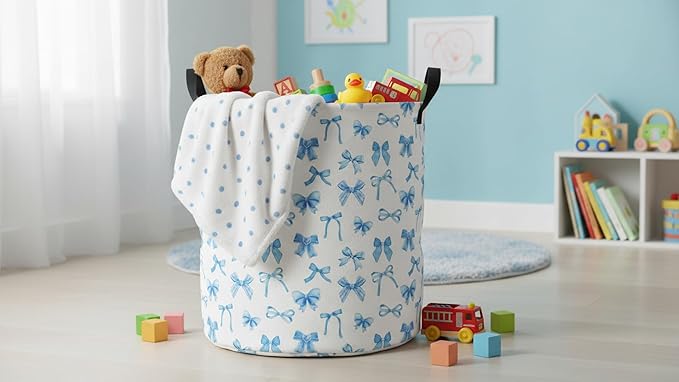 CLOCOR Round Collapsible Flat Storage Basket,Space-Saving Fabric Laundry Hamper for Clothes,Nursery Hamper,Gift Basket(Blue Bowknot)