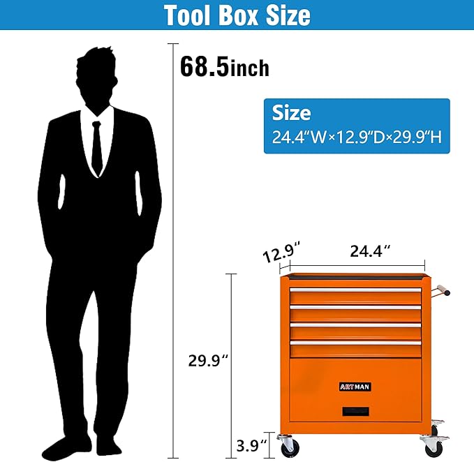 4 Drawers Rolling Tool Chest Cart. Tool Storage Cabinet With 4 Wheels.Tool Cabinet Trolley With Locking System and Drawer Liners.Tool Storage Cart for Garage,Workshop. 24.4"Toolbox Cart(orange)
