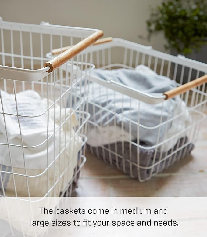 Yamazaki Home Tosca Laundry Basket - Laundry Basket With Wooden Handles - Large, 15" - Steel + Wood - 8.7 Gallons, 33 Liters