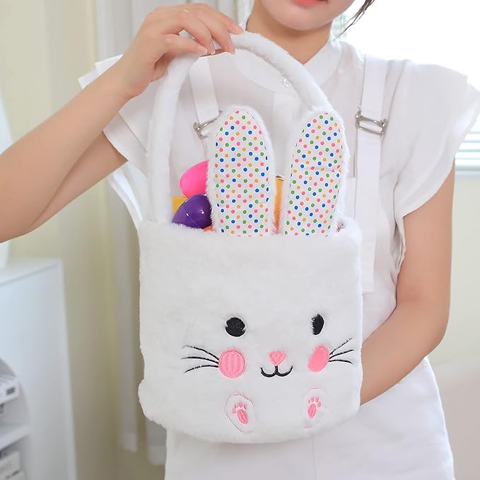 DearSun Exquisite Embroidery ! Personalized Plush Bunny Basket Easter Egg Hunting Basket Easter Basket with Embroidery Name (White Plush Bunny)