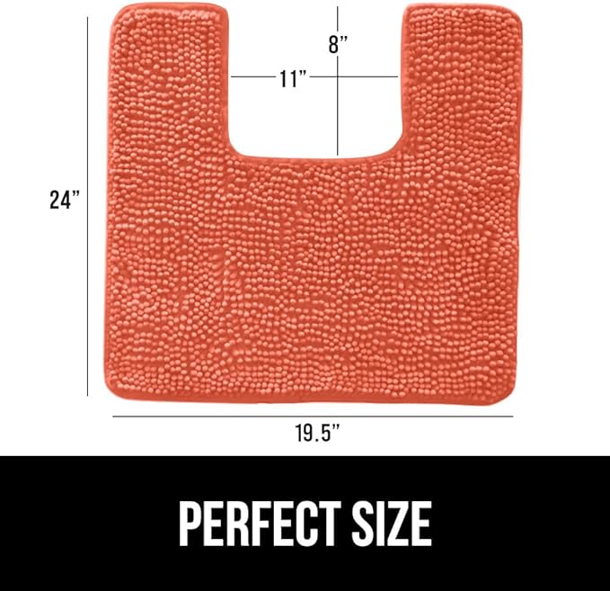 GORILLA GRIP Plush Absorbent Shaggy Chenille Bath Rug Mat for Square Toilet Base with Rubber Backing, Machine Washable Rugs, Soft Microfiber Contour Mats for Toilets, Bathroom Decor, Coral
