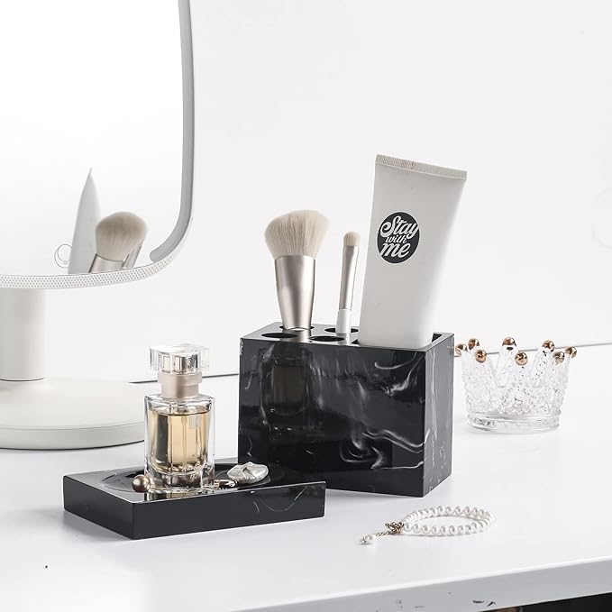 5-Piece Bathroom Counter Top Accessory Set - Dispenser for Liquid Soap or Lotion, Soap Dish, Toothbrush Holder and 2 Tumblers, Marble Pattern Resin (Ink Black)