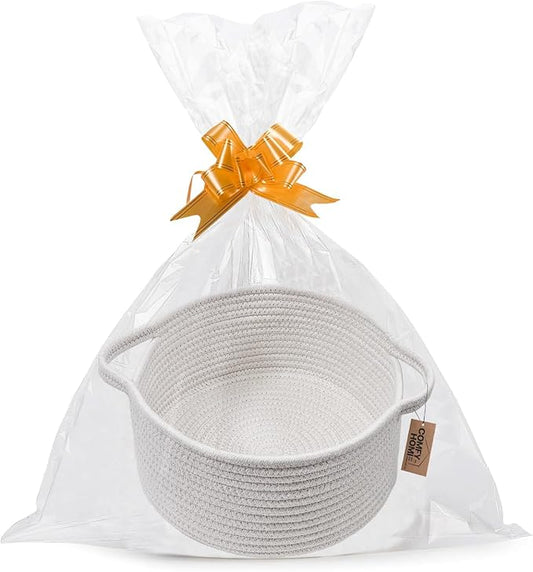 COMFY HOMI Small Woven Gift Baskets with Handles, Gift Bags and Ribbons - Cotton Rope Storage Basket for Organizing, Dog Toy Basket Box, Gift Baskets Empty, Mother’s Day-φ11X5 Inch, （all white）