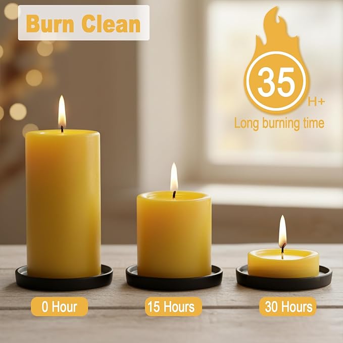 12 Pack Beeswax Pillar Candles, 420 Hours Long Burning Beeswax Candles for Christmas Decor, Unscented Bees Wax Candles Bulk for Home Paryer Party, Smokeless, Dripless