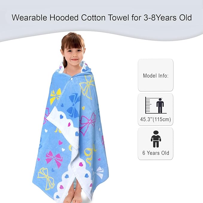 Hooded Beach Towel for Kids 3-8 Years – Soft 100% Cotton Bath & Swim Towel Wrap (30"x50"), Quick-Dry Absorbent Fabric for Toddler Girls – Cute BOW Design, Perfect for Pool, Beach, Bath & Swimming