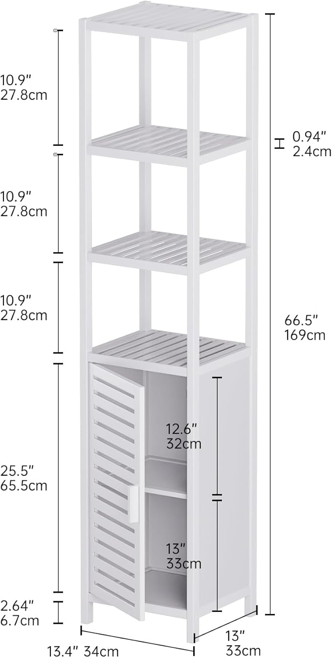 HITNET Bathroom Tall Cabinet, Floor Standing Bamboo Storage Cabinet with 6 Shelves and Shutter Door for Kitchen Living Room, White