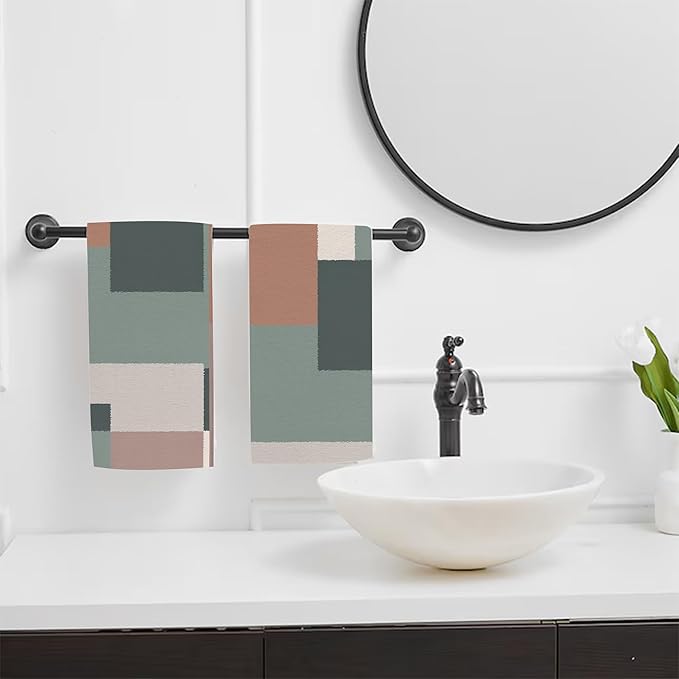 Green Orange Beige Geometric Hand Towel for Bathroom Set of 2,Boho Abstract Minimalist Checkered Art Bathroom Hand Towel,Soft Absorbent Decorative for Hotel Home Decor