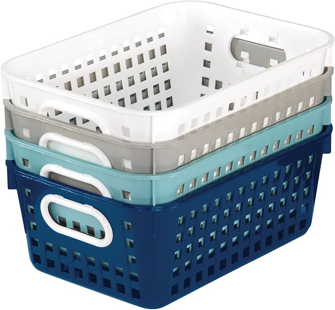 Really Good Stuff Medium Plastic Book Baskets, 11" x 7.5" x 4.5", 4 Pack, Cool & Calm Group Colors, Versatile Storage Solution for Classroom, Home, and Office, Toy Storage, Multi-Purpose