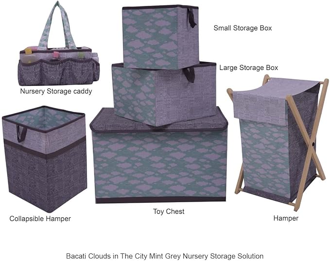 Bacati - Small Storage Tote Clouds in the City Mint/Grey Neutral 10 X 10 X 10 inches