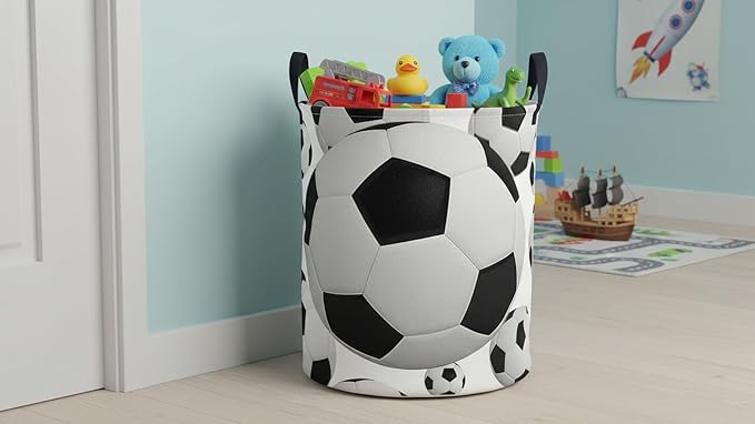 CLOCOR Round Collapsible Flat Storage Basket,Space-Saving Fabric Laundry Hamper for Clothes,Nursery Hamper,Gift Basket(Big Football)