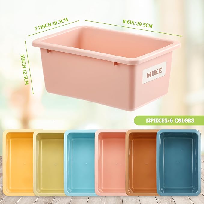 Thyle 12 Pieces Plastic Cubby Bins with Labels 11.6 x 7.7 Inch Classroom Book Bins Stacking Storage Container Organizer Storage Cubbies for Classroom Office (Simple, Morandi Color)