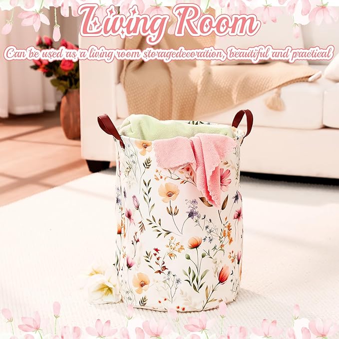 2 Pcs Wildflower Laundry Basket Coquette Storage Basket for Girls Nursery Hamper with Handles Foldable Waterproof Collapsible Storage Bin Organizer for College Dorms Bathroom