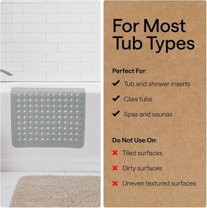 GORILLA GRIP Patented Bath Tub Shower Mat, Machine Washable Bathtub Floor Liner Mats, Suction Cups and Drain Holes to Keep Tubs Clean, Soft on Feet, Bathroom Essentials, 35x16 Inch, Gray Opaque