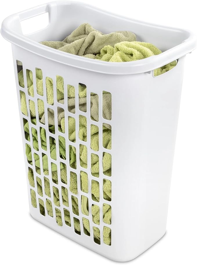 Slim Rectangular Laundry Hamper, Open Top Plastic Basket for Small Spaces, Modern style, sturdy and durable, White