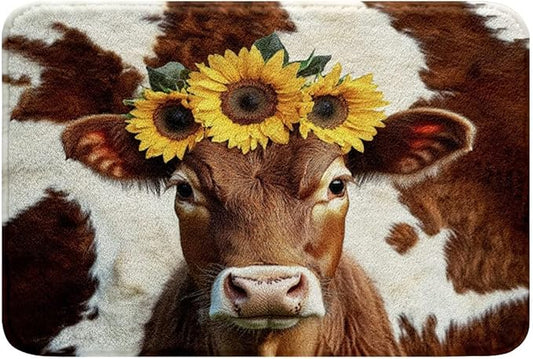 Highland Cow Bath Mat Cattle Bull Non Slip Absorbent Bath Rugs Brown Cow Print Bathroom Rug Carpet Sunflower Printed Bathroom Accessories Wild Animal Home Decor for Kids Toddler Bedroom Decorations