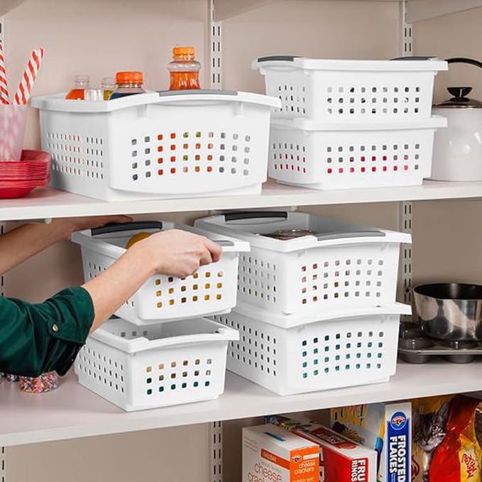 Sterilite 16608008 Small Stacking Basket with Vertical Stacking Functionality and Titanium Accents for Organization in Home or Office, White (16 Pack)
