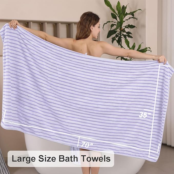 4 Pcs Light Purple Cabana Stripe Large Bath Towels 35"x70" Oversized Bath Sheet Soft Breathable Jumbo Bathroom Towels Highly Absorbent Shower Towel Quick Dry Beach Chair Towel Spa Gym Hotel Towel Set