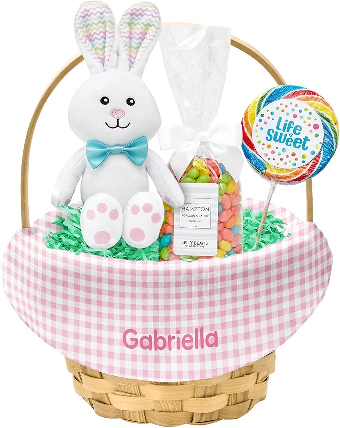 Let's Make Memories Personalized Easter Basket for Kids- For Boys - For Girls - Create Your Own - Fillable - Wicker - Easter Basket Stuffers - Small - Pink Spring Gingham