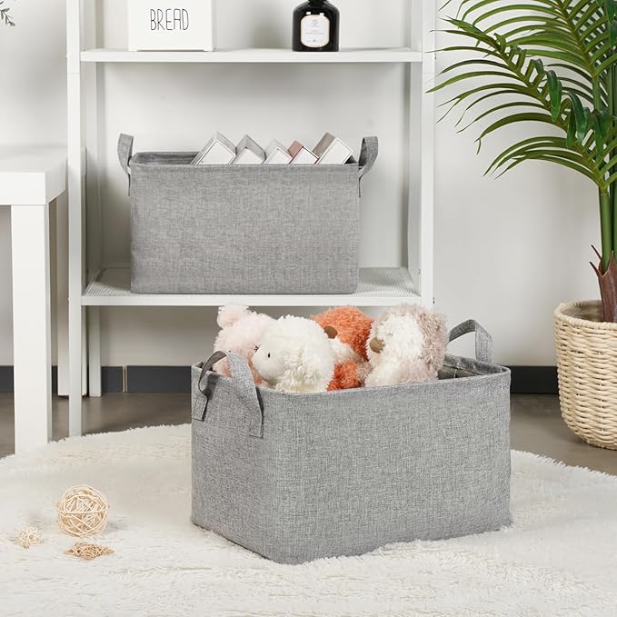 Bidtakay Rectangular Storage Basket, Collapsible Cube Storage Bins for Shelves, Waterproof PE Coating Storage Bins with Handles for Organizing Toys, Books, Blankets (15x10x9 inch-Grey)