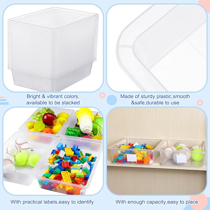 Hoolerry 24 Pcs Plastic Cubby Storage Bins Classroom Cubby Organization with Self Adhesive Labels Bin Small Stackable Storage Containers Toy Book Box for School(14 x 10 x 3 Inch,Clear)