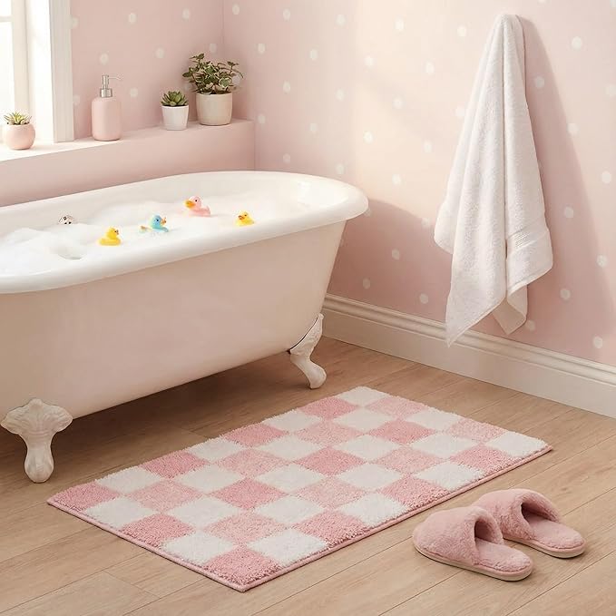 GRANNY SAYS Checkered Pink Bathroom Rugs Decor,32" x 20",Fluffy Rug, Absorbent Microfiber Ultra Soft Bath Mat Washable, Non-Slip Bath Mats for Bathroom, Cute Floor Mat for Tub, Shower, Bedroom