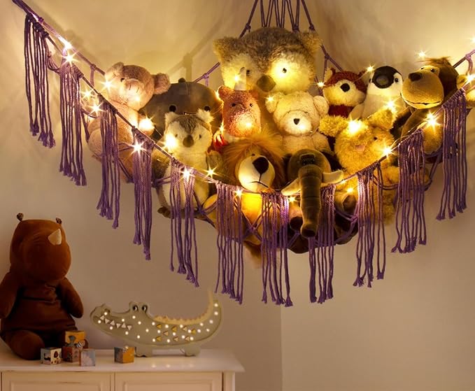 Stuffed Animal Storage Hammock Corner X-Large with LED Light - Baby Hammock Hanging Holder Plushies Net for Stuff Animals Organizer - Cute Room Decor Aesthetic Kids Toddler Nursery Bedroom
