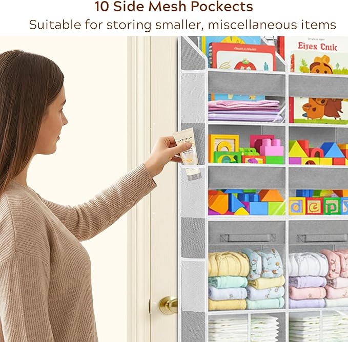 Over the Door Organizer 5 Tiers with Removable Drawers, Extra Large Door Storage of 6 Compartments & 2 Diaper Storage, Double-Column Clear Window Door Hanging Organizer for Nursery,Closet,Pantry(Gray)