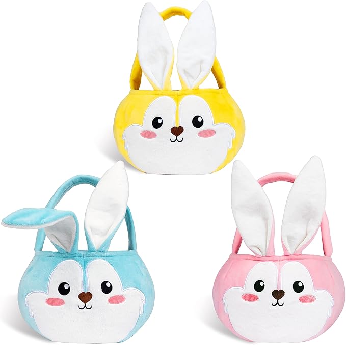 Easter Baskets 3 Pack Cute Empty Bunny Basket with Foldable Ears and Handle for Kids Boy Girl Gift, Easter Decor Set 3 Pink Blue Yellow