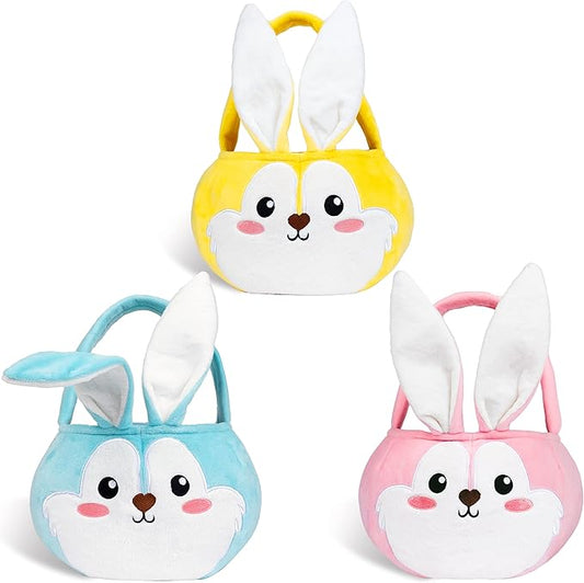 Easter Baskets 3 Pack Cute Empty Bunny Basket with Foldable Ears and Handle for Kids Boy Girl Gift, Easter Decor Set 3 Pink Blue Yellow