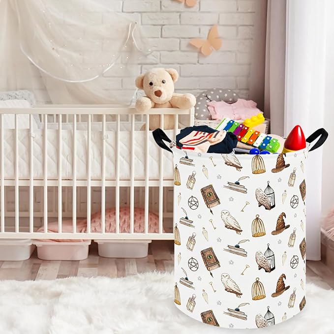 Magic Owl hamper,Nursery hamper,Magic Dirty Clothes Basket,Feather key owl hat book foldable waterproof laundry basket,baby gift basket(Cute owls)