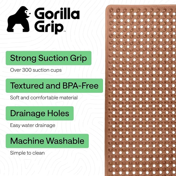 GORILLA GRIP Patented Bath Tub Shower Mat, Machine Washable Bathtub Floor Liner Mats, Suction Cups and Drain Holes to Keep Tubs Clean, Soft on Feet, Bathroom Essentials, 35x16 Inch, Brown