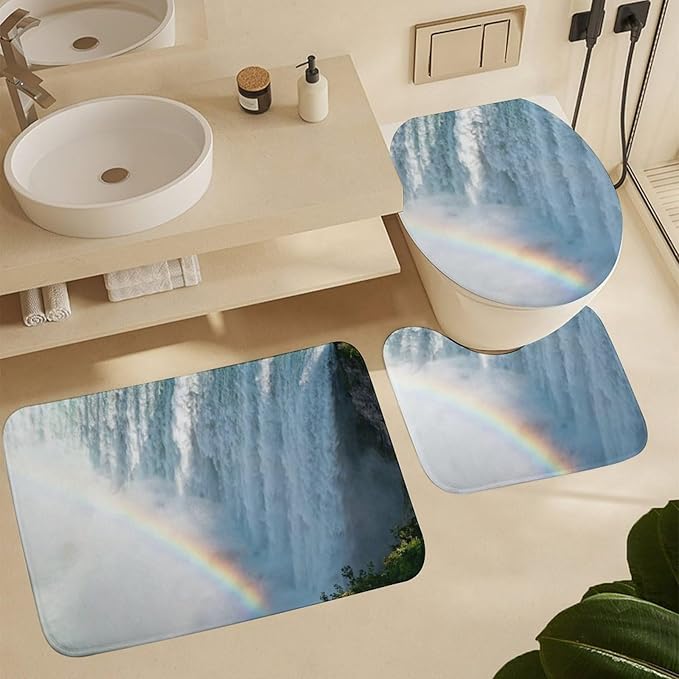 4 Piece Bathroom Rug Set with Shower Curtain, Non-Slip Bath Mat Toilet Cover Set, Niagara Falls Bathroom Rug Sets