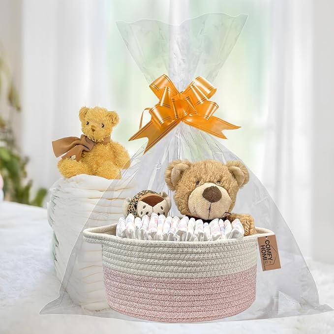 COMFY HOMI Small Woven Gift Baskets with Handles, Gift Bags and Ribbons - Cotton Rope Storage Basket for Organizing, Dog Toy Basket Box, Gift Baskets Empty, Mother’s Day-φ11X5 Inch（white/pink）