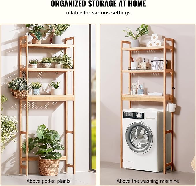 VEVOR Over The Toilet Storage, 3-Tier Adjustable Over Toilet Bathroom Organizer, Bamboo Storage Shelf Rack with 3 Hooks, Freestanding Easy Assembly Laundry Space Saver, Fit Most Toilets, Gray