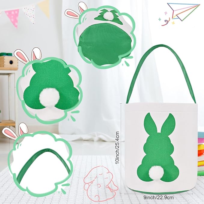2 Pack Easter Bunny Baskets for Kids - Easter Basket Bags with Handles, Canvas Rabbit Tote Bags for Easter Egg Hunts, Party Gifts, and Storage (Empty) (Green+Blue)