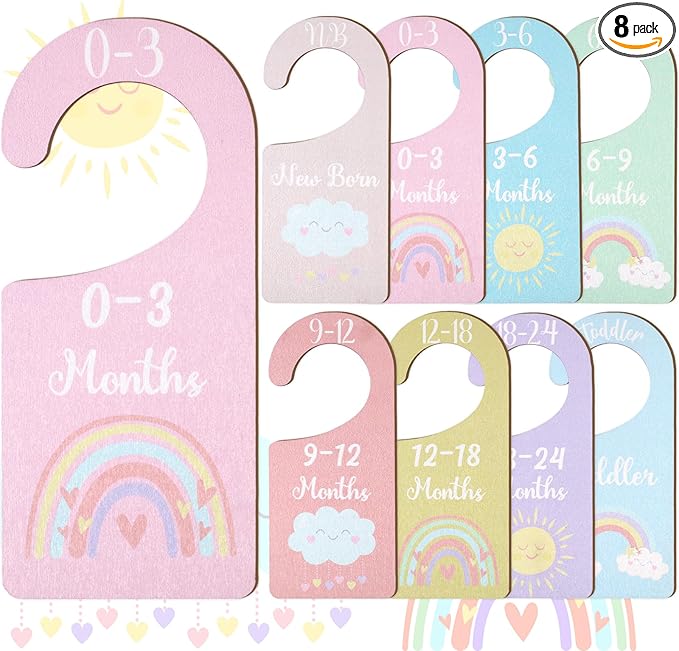 Baby Closet Dividers 8PCS, Pastel Rainbow Theme Wooden Double-Sided Clothes Size Hanger Organizer from Newborn to Toddler for Nursery Decor Baby Shower Birthday Gift